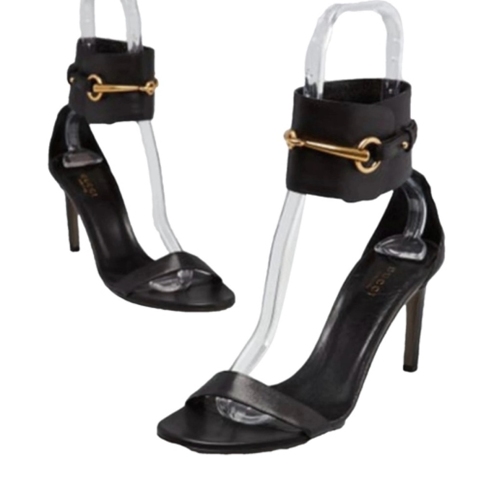 Gucci black leather Ursula ankle strap heels